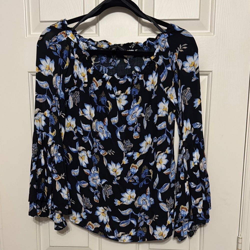 White House Black Market Blue and White Ruffled Blouse